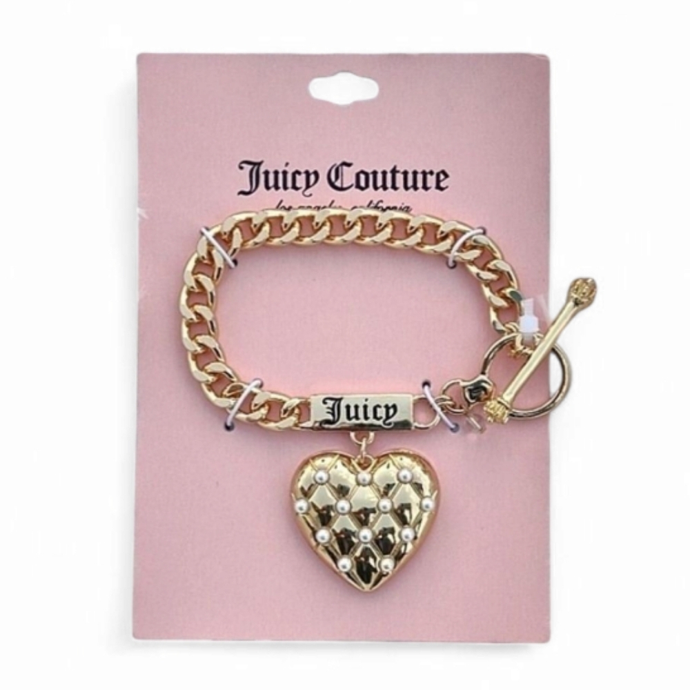 Juicy Couture Pearl Studded Gold-tone Heart Charm Toggle Bracelet